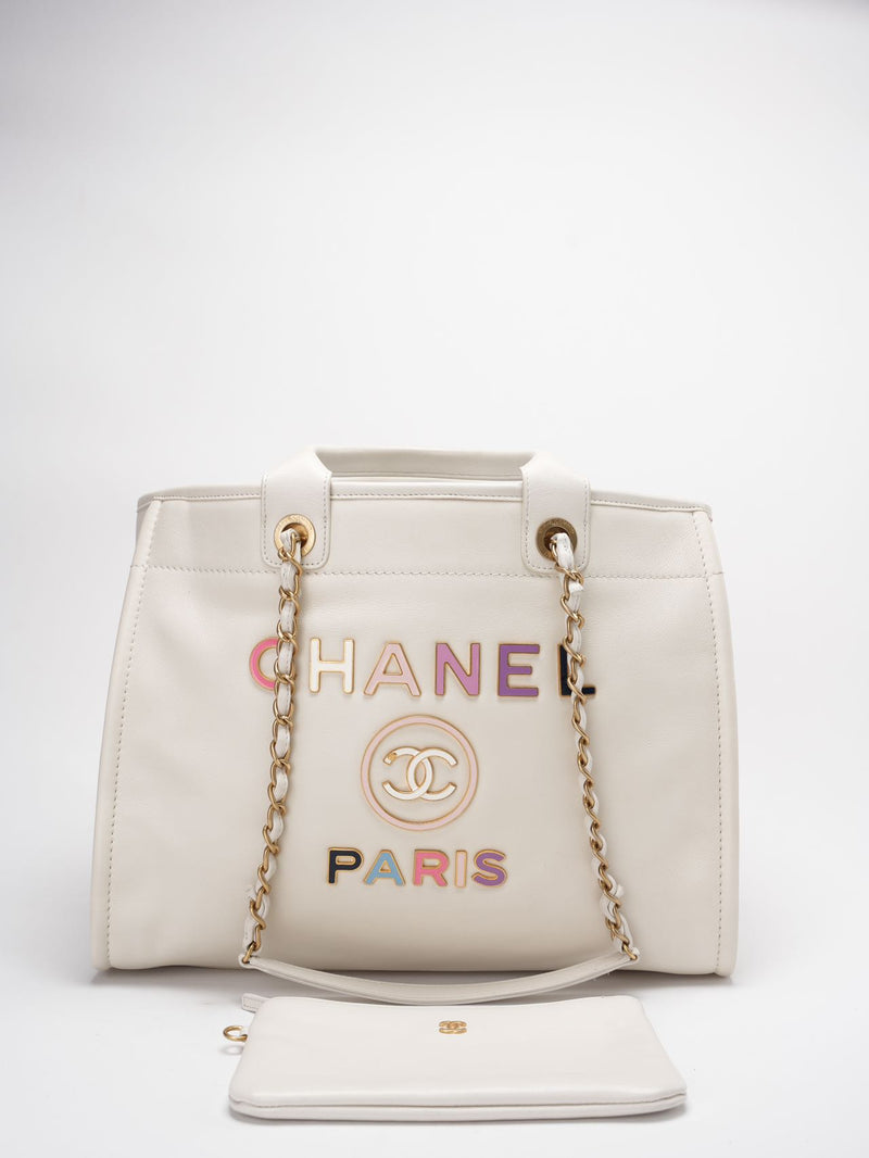 Chanel Deauville Tote Bag With Pouch Enamel White Calfskin Leather Multicolour (2022SS) Limited Edition Miloura