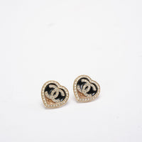 Chanel Heart Shape Crystal Black and Gold CC Logo Earrings
