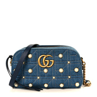 Gucci Denim Matelasse Pearl Studded Small GG Marmont Chain Blue