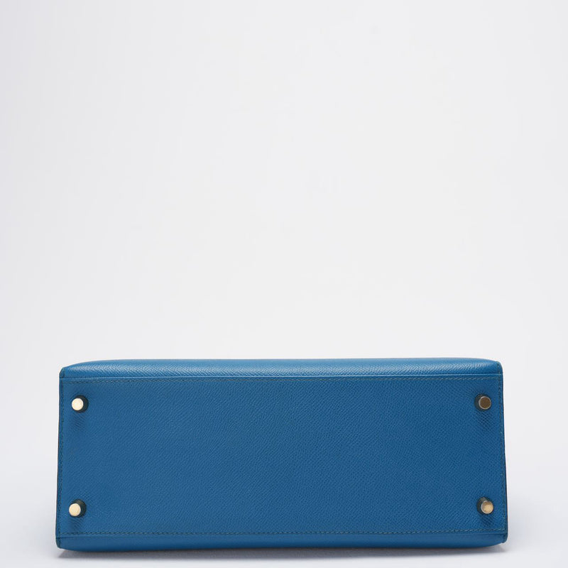 Hermes Kelly Sellier Bag 28cm In Blue Epsom Leather With Gold Hardware Bottom 