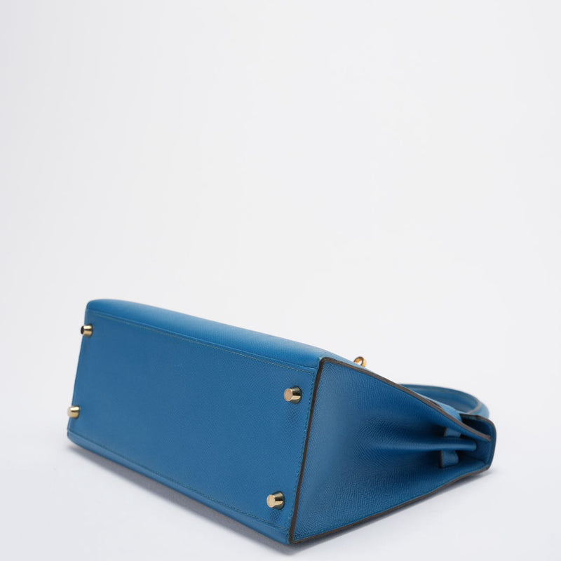 Hermes Kelly Sellier Bag 28cm In Blue Epsom Leather With Gold Hardware Corner 