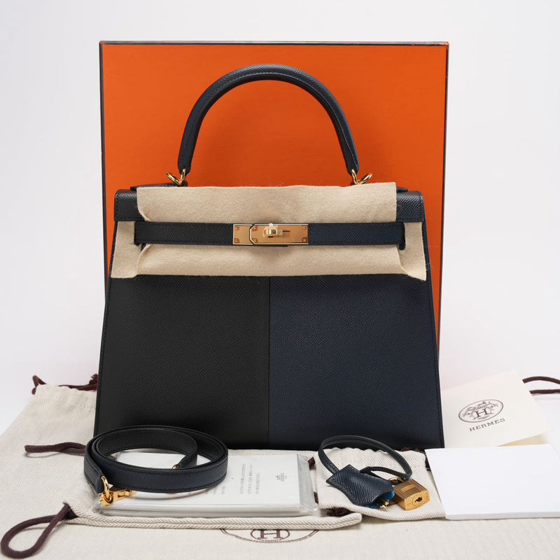 Pre-loved Hermes Kelly 28 Sellier Casaque Tricolour Black Blue Indigo Frida Epsom Gold Hardware