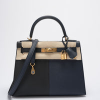 Hermes Kelly 28 Sellier Casaque Tricolour Black Blue Indigo Frida Epsom Gold Hardware Front