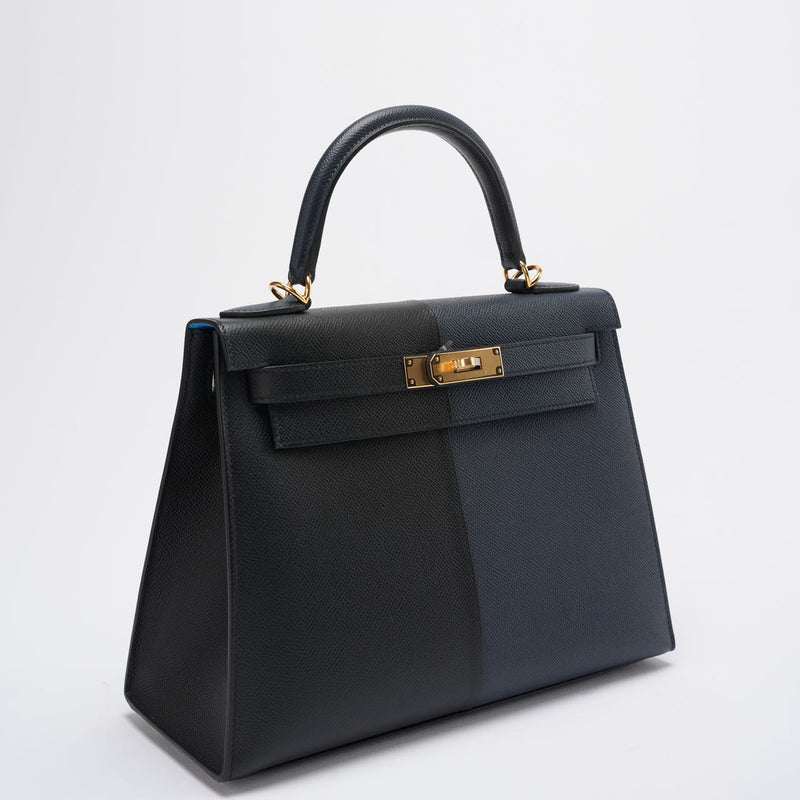 Used Hermes Kelly 28 Sellier Casaque Tricolour Black Blue Indigo Frida Epsom Gold Hardware side