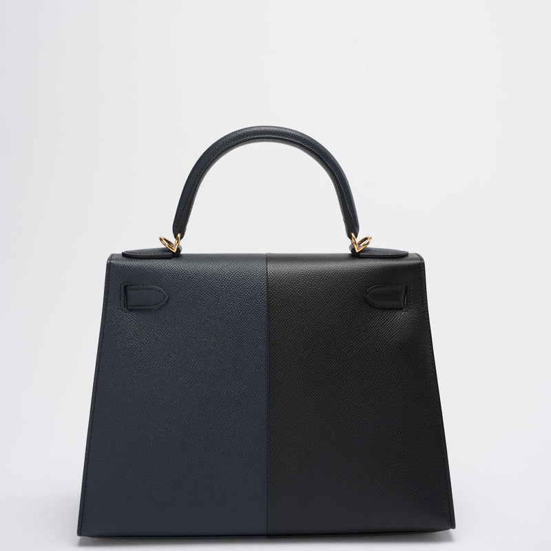 Hermes Kelly 28 Sellier Casaque Tricolour Black Blue Indigo Frida Epsom Gold Hardware Back side