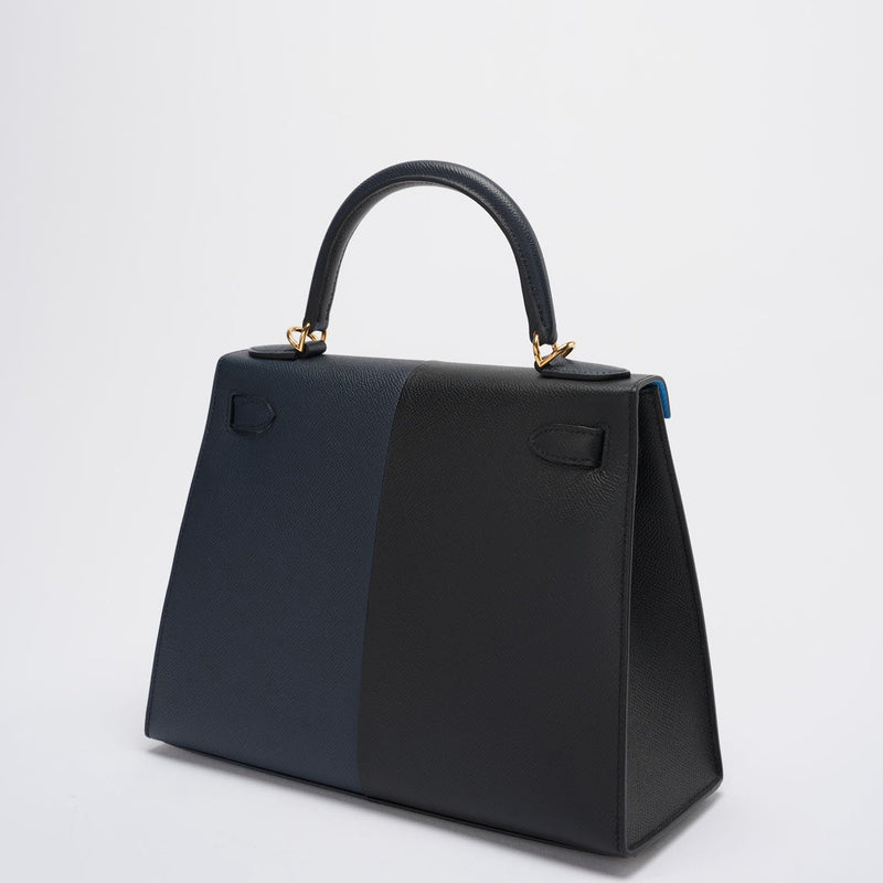Hermes Kelly 28 Sellier Casaque Tricolour Black Blue Indigo Frida Epsom Gold Hardware Side