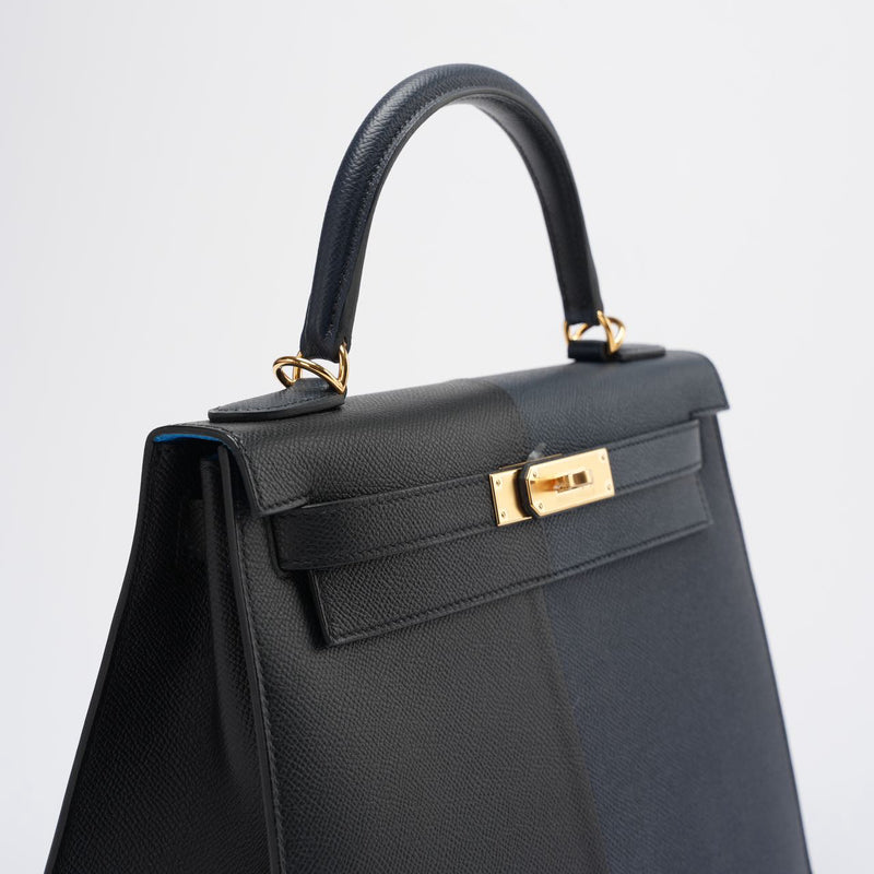 Hermes Kelly 28 Sellier Casaque Tricolour Black Blue Indigo Frida Epsom Gold Hardware