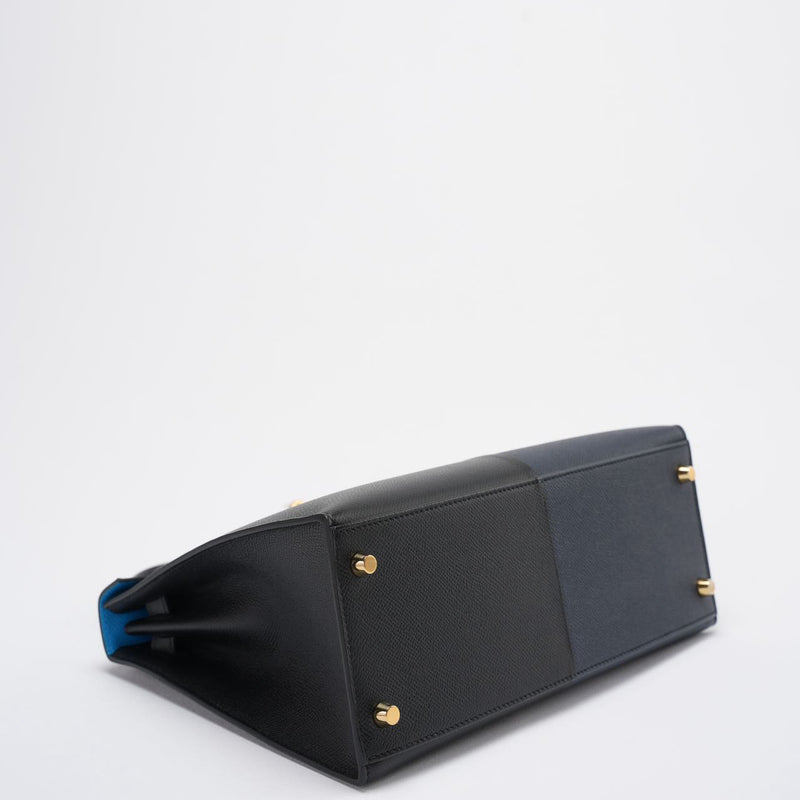 Pre-owned Hermes Kelly 28 Sellier Casaque Tricolour Black Blue Indigo Frida Epsom Gold Hardware Corner