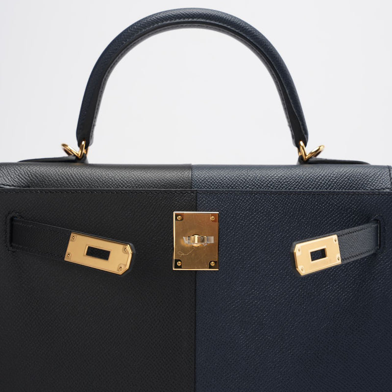 Hermes Kelly 28 Sellier Casaque Tricolour Black Blue Indigo Frida Epsom Gold Hardware