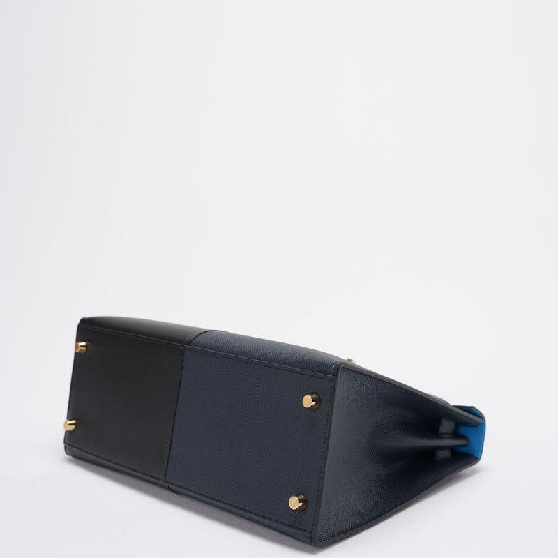 Hermes Kelly 28 Sellier Casaque Tricolour Black Blue Indigo Frida Epsom Gold Hardware Corner