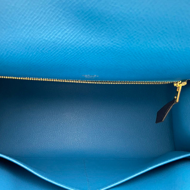 Hermes Kelly 28 Sellier Casaque Tricolour Black Blue Indigo Frida Epsom Gold Hardware Inside