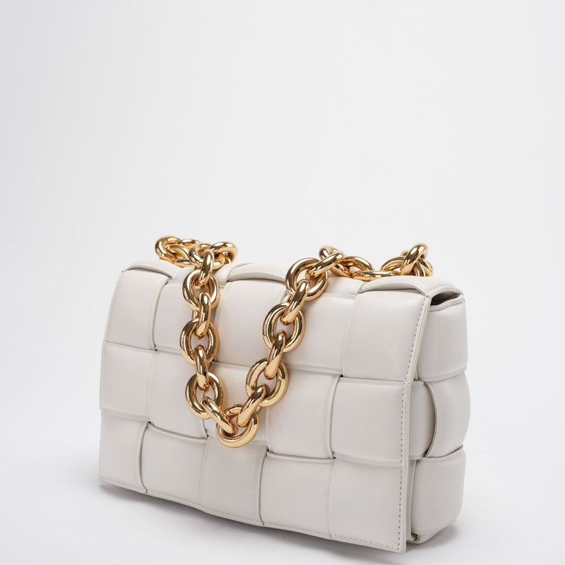 Bottega Veneta White Padded Chain Cassette Crossbody Bag Lambskin Leather Side
