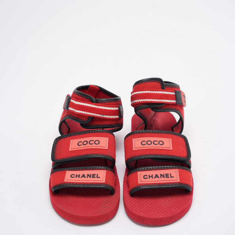 Chanel Red/Black Fabric and Leather Coco Chanel Strap Flat Sandals Size 39