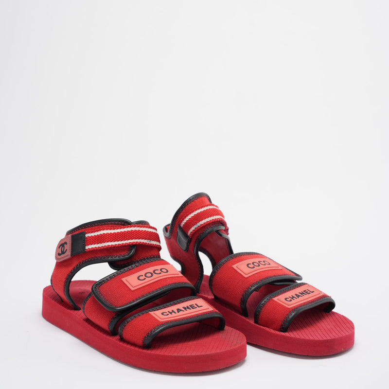 Chanel Red/Black Fabric and Leather Coco Chanel Strap Flat Sandals Size 39