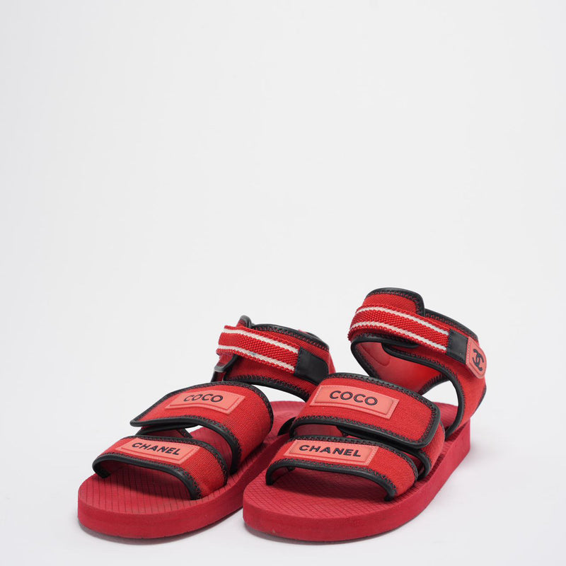 Chanel Red/Black Fabric and Leather Coco Chanel Strap Flat Sandals Size 39