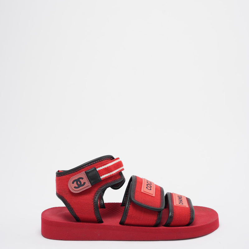 Chanel Red/Black Fabric and Leather Coco Chanel Strap Flat Sandals Size 39