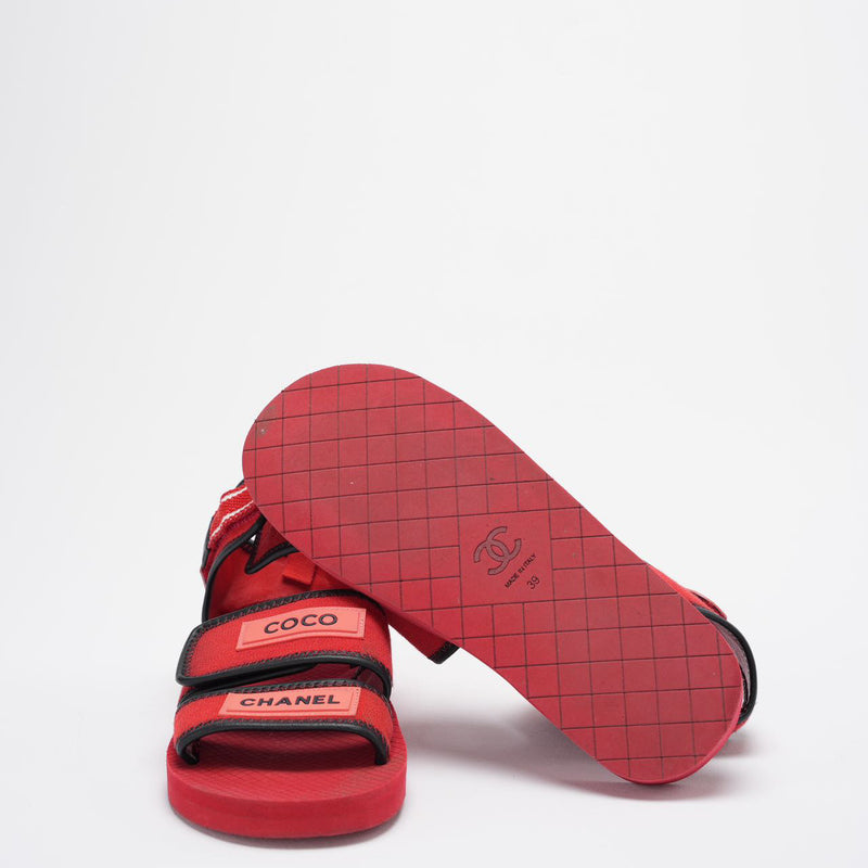 Chanel Red/Black Fabric and Leather Coco Chanel Strap Flat Sandals Size 39^bottom