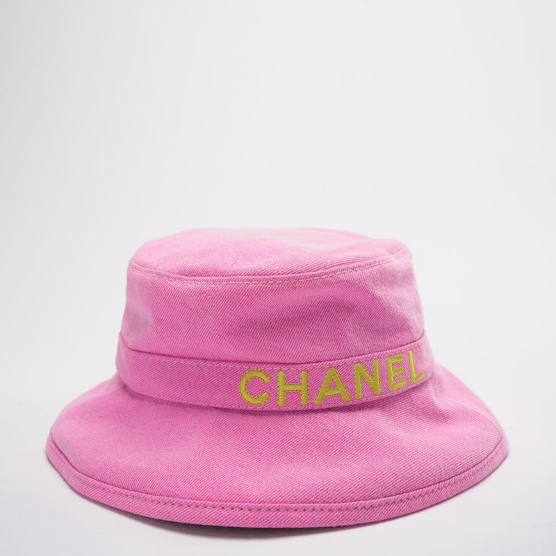 Chanel Denim Bucket Hat in Pink with Yellow Chanel Logo Size M Front 