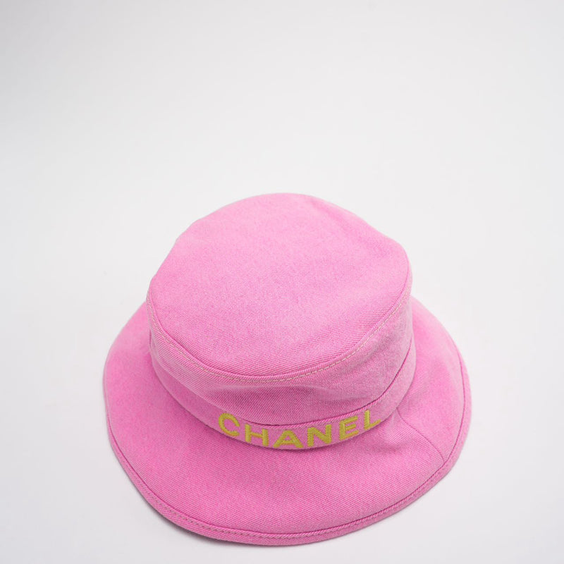 Chanel Denim Bucket Hat in Pink with Yellow Chanel Logo Size M Back