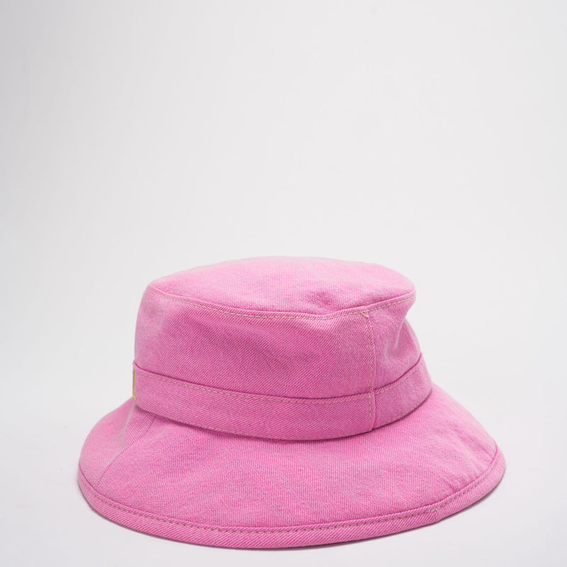 Chanel Denim Bucket Hat in Pink with Yellow Chanel Logo Size M Side