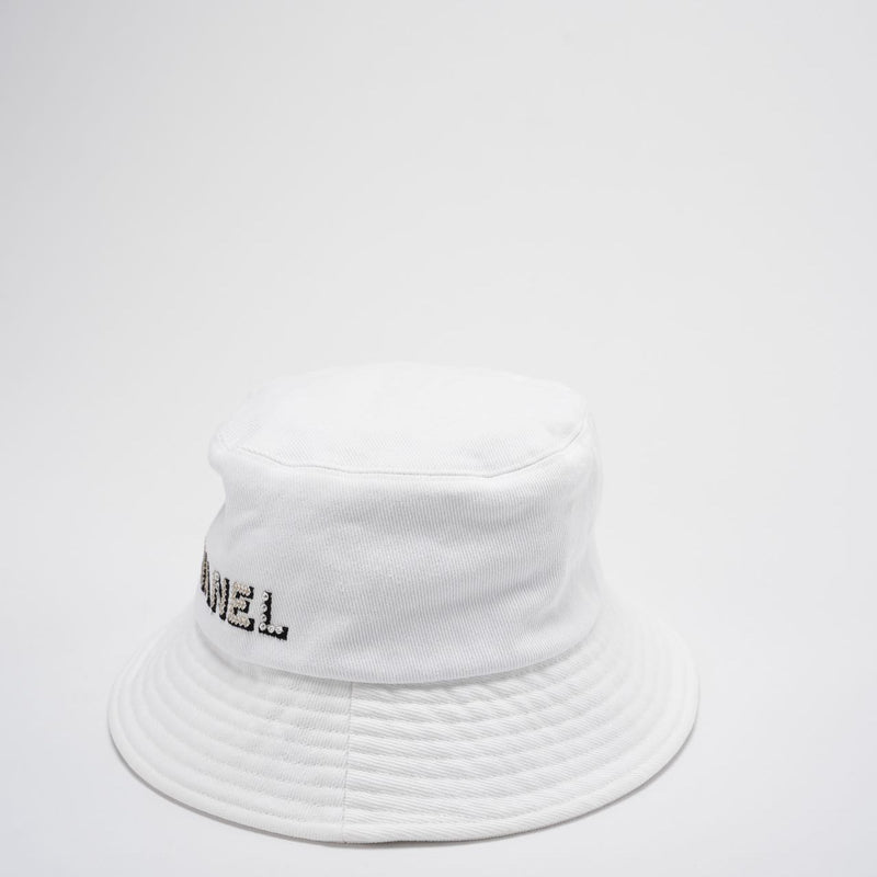 Chanel Denim Bucket Hat in White with Logo – Size S Side