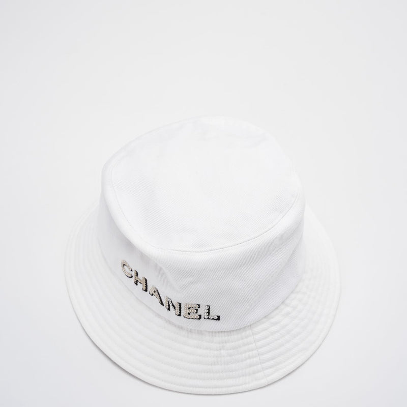 Chanel Denim Bucket Hat in White with Logo – Size S 