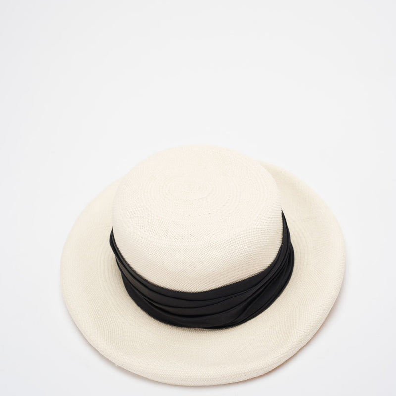 Chanel Straw Boater Hat in White and Black with CC Logo – Size M Up