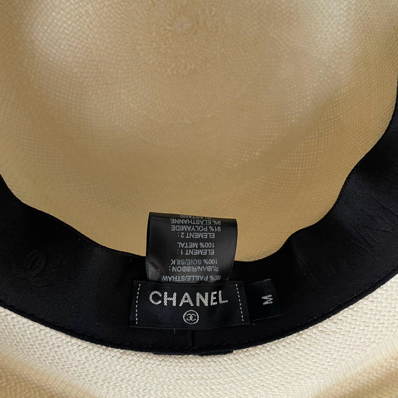 Chanel Straw Boater Hat in White and Black with CC Logo – Size M