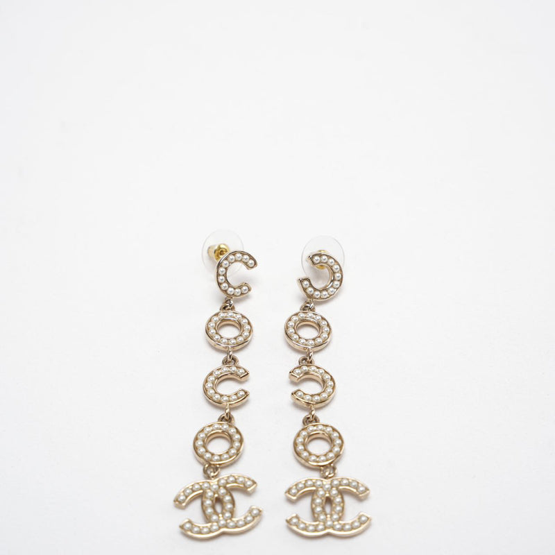 Chanel Coco Drop Earrings Pearl Crystal CC in Gold Authentic 