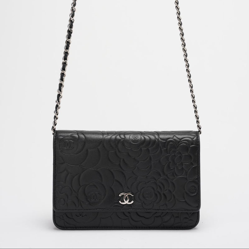 Chanel Wallet On Chain (Woc) Camellia Black Lambleather Silver Hardware front