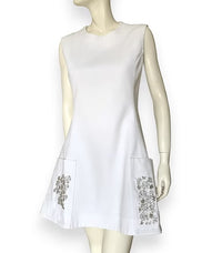 Dior White Silk Cotton Flared Dress Crystal Patch Pockets Size FR 34