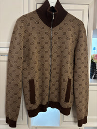 Gucci Brown GG Jacquard Wool Knit Bomber Jacket Size S