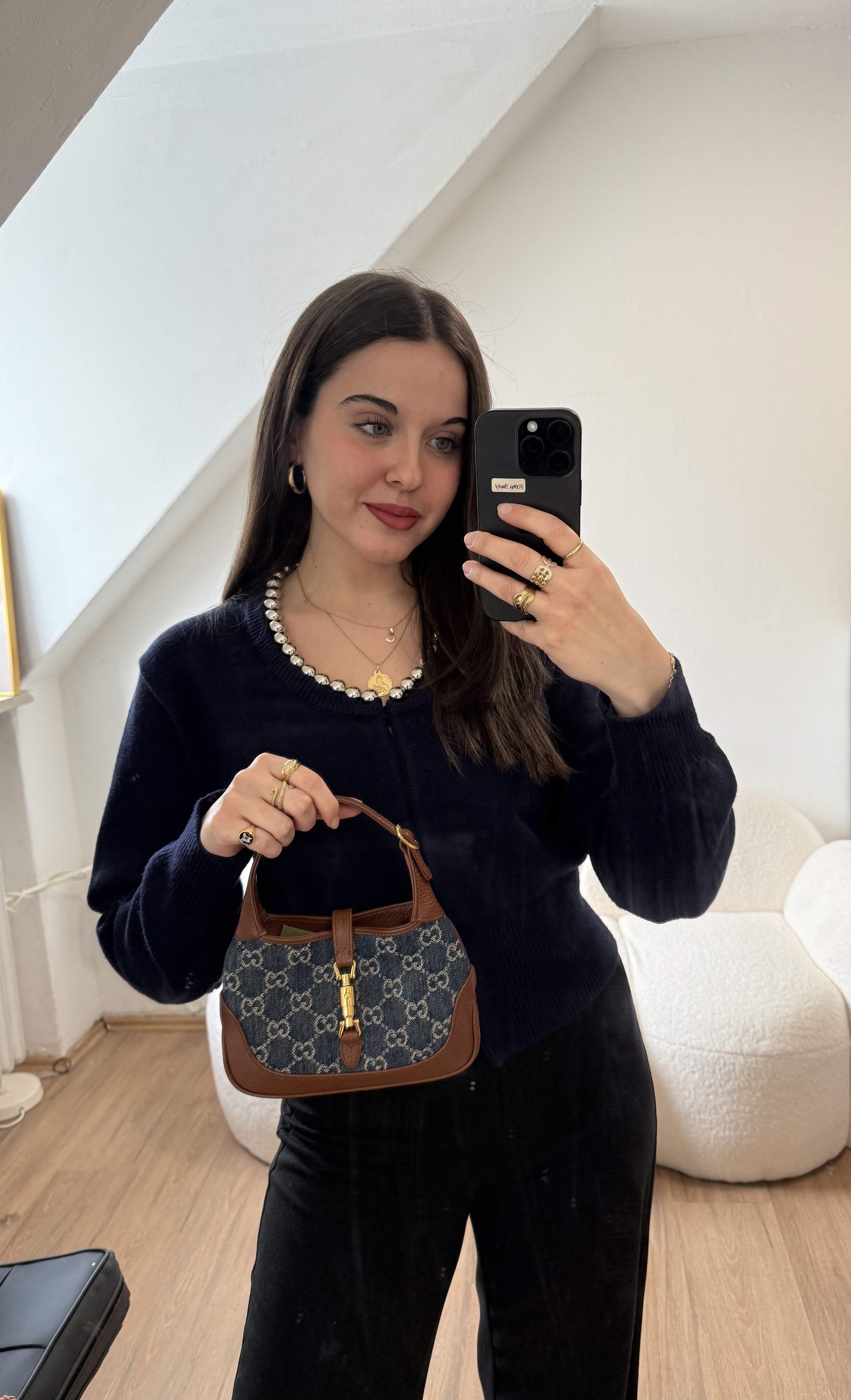 Used Gucci Denim GG Monogram Calfskin Mini Jackie 1961 Hobo Bag