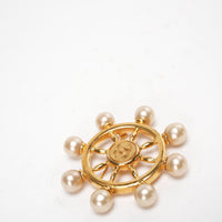 Chanel CC Gold Metal & Faux Pearl Ship Wheel Brooch