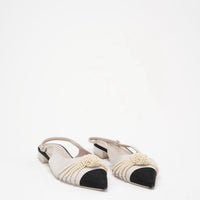 Chanel Satin Grosgrain Pearl Slingback Flats White/Black Size 37
