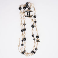Chanel CC Long Necklace with Black Beads and Faux Pearls
