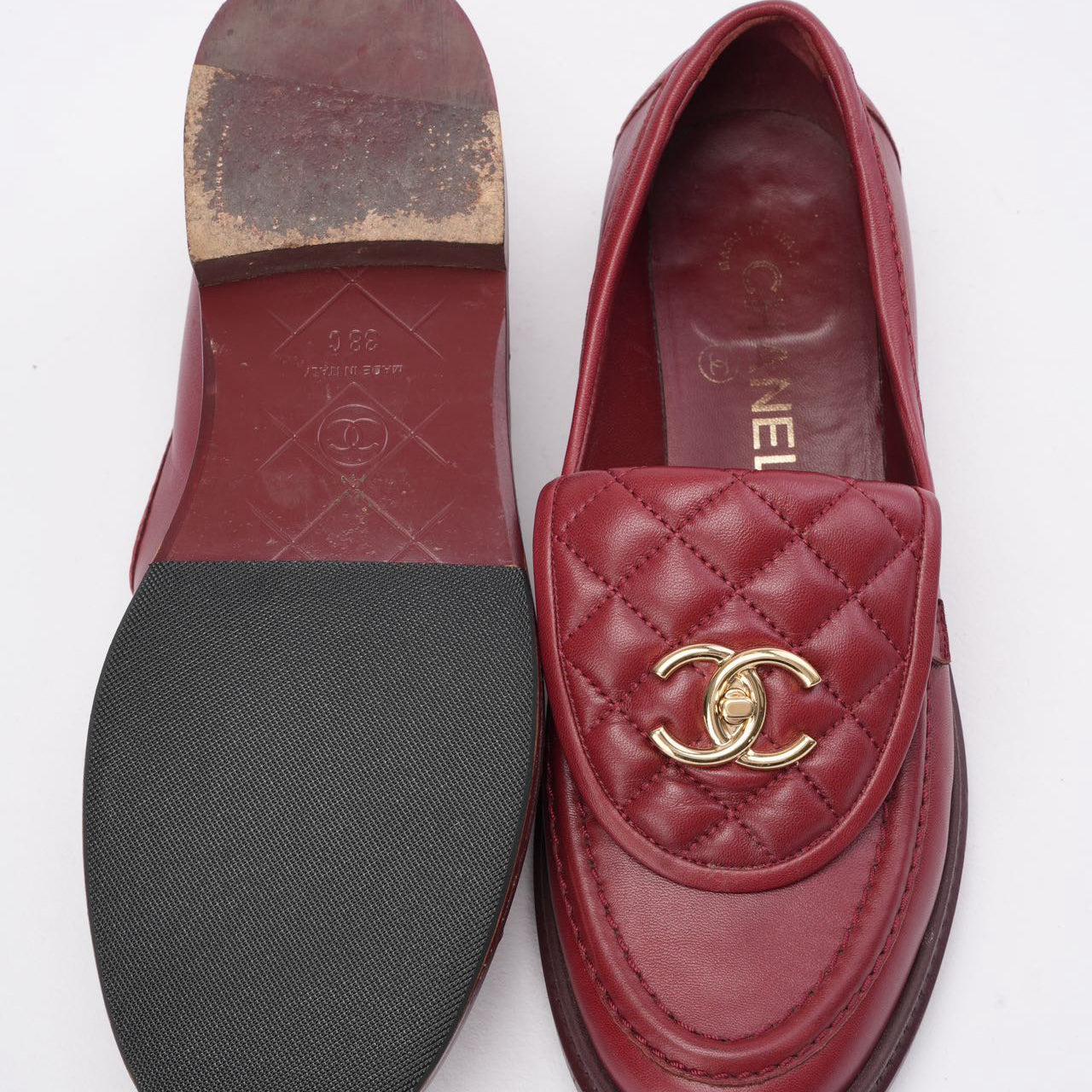Chanel Red Lambskin Quilted CC Turnlock Loafers Size 38 | Miloura