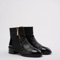 Chanel Black Tweed and Patent Leather CC Cap Toe Ankle Booties 38.5