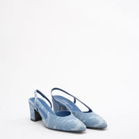 Chanel Blue Denim White CC Logo Slingback Pumps 38.5