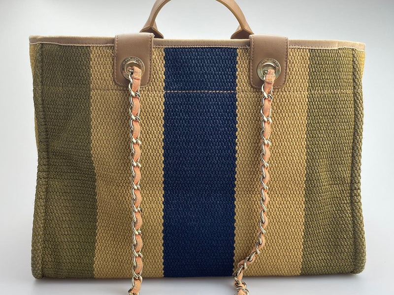 Chanel Deauville Medium Tote Bag in Khaki Beige and Navy Blue Raffia with Gold Hardware Back