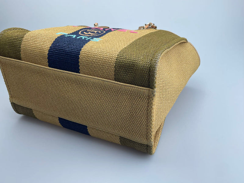 Chanel Deauville Medium Tote Bag in Khaki Beige and Navy Blue Raffia with Gold Hardware Corner