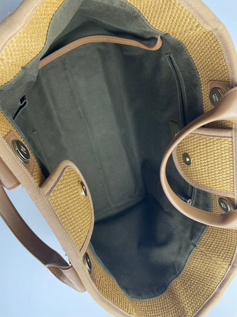 Chanel Deauville Medium Tote Bag in Khaki Beige and Navy Blue Raffia with Gold Hardware Inside