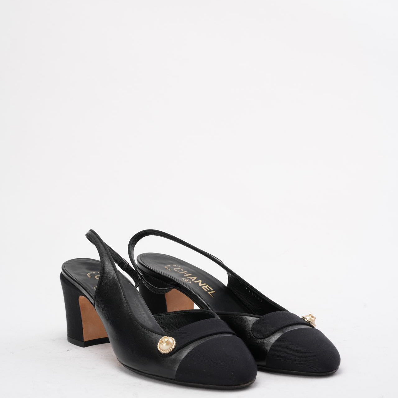 Chanel Black Suede & Leather CC Slingback Pumps 39C | Miloura