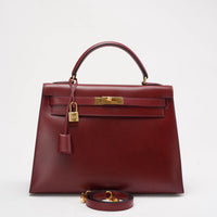Hermes Vintgae Kelly 32 Burgundy Red Box Leather 1993