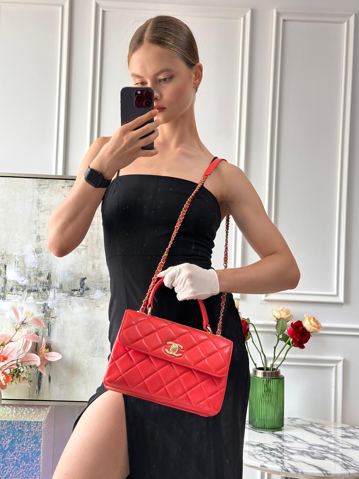 Used authentic Chanel Red Small Trendy CC Bag in Lambskin Leather