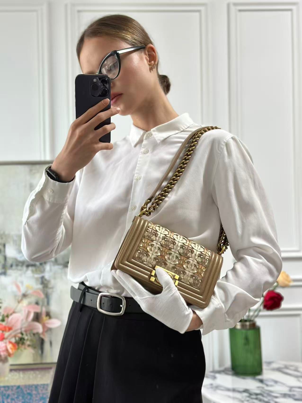 Used Chanel Boy Bag Limited Edition 15C Paris Dubai Small Metallic
