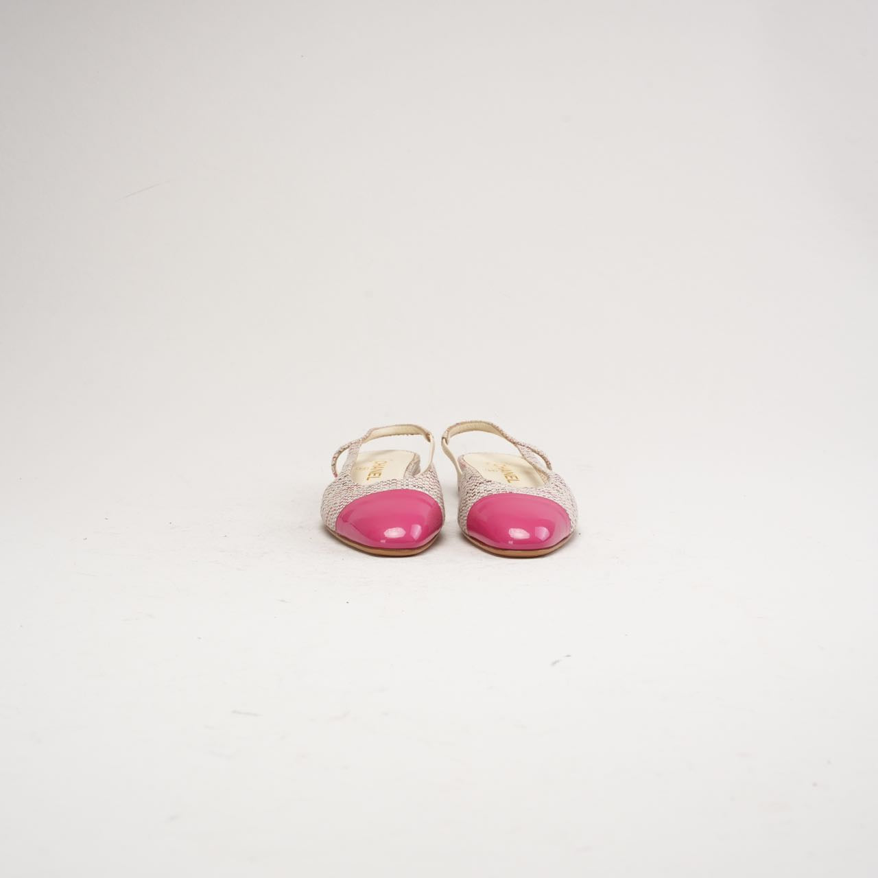 Second Hand Chanel CC Logo Tweed Slingback Flats Pink 38C