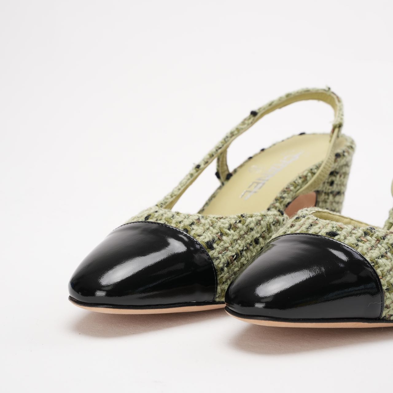 Chanel Slingback Sandals Tweed Green Black Patent Leather Cap Toe