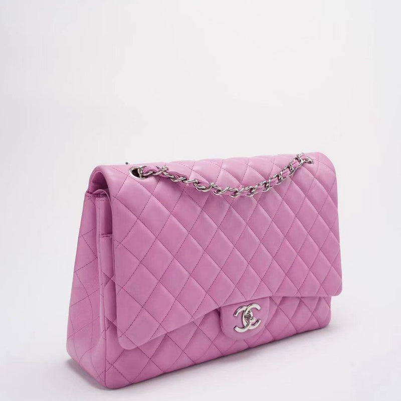 Chanel Timeless Classic Flap Bag Maxi Lilac Purple with Silver Hardware Side