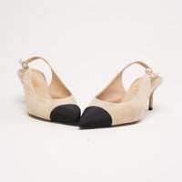 Chanel Grosgrain Pointed Cap Toe CC Slingback Pumps Beige/ Black Size 38
